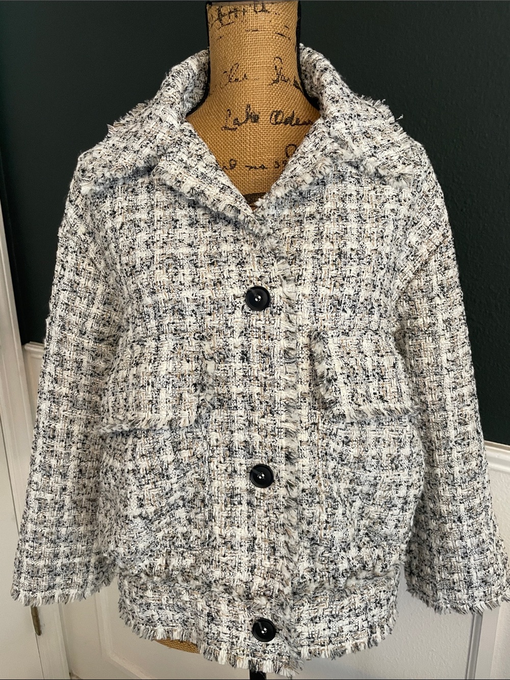 H&M Cream and Black Tweed Button-Front Bomber Jacket